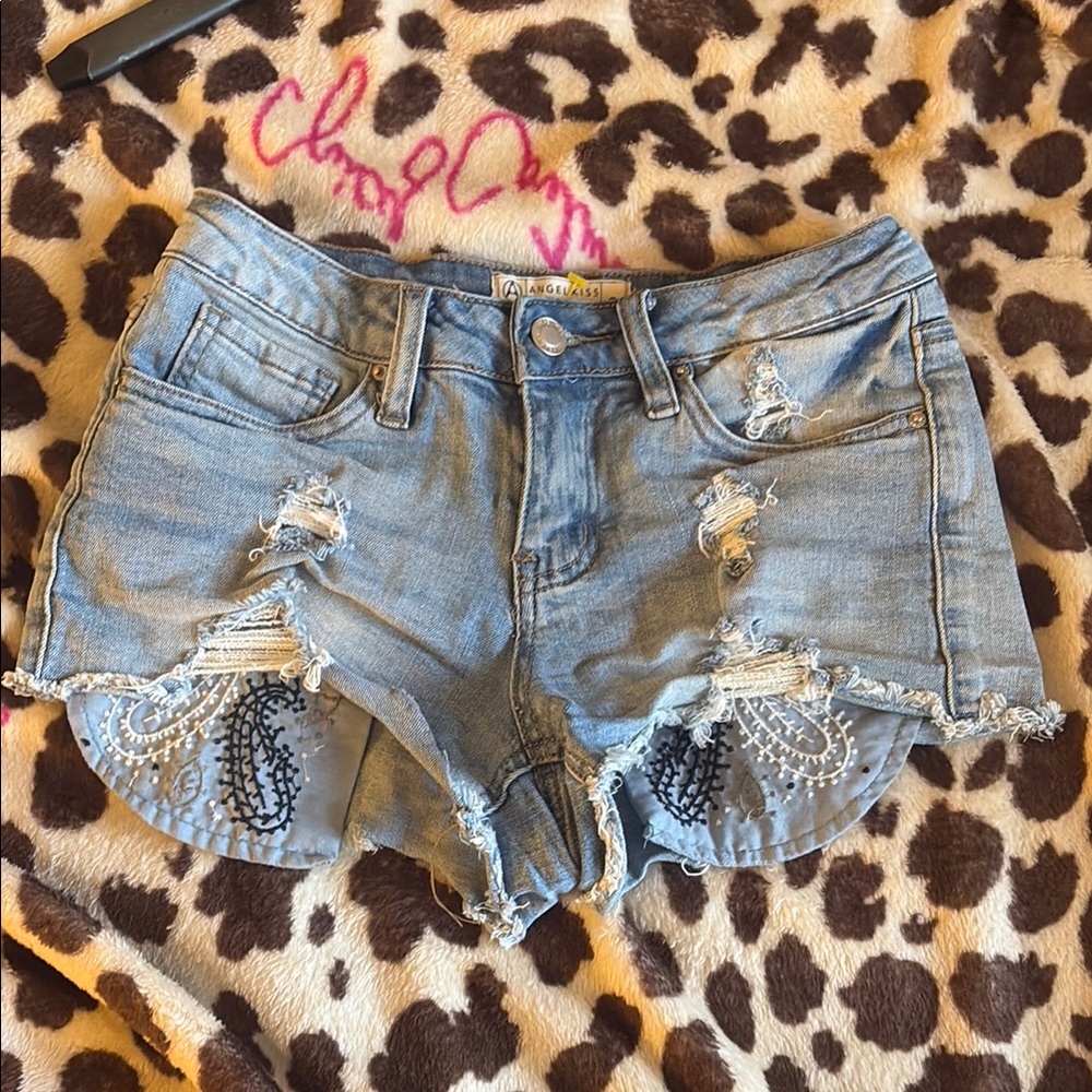Altar'd State Blue Distressed Jean Shorts with Lace Trim
